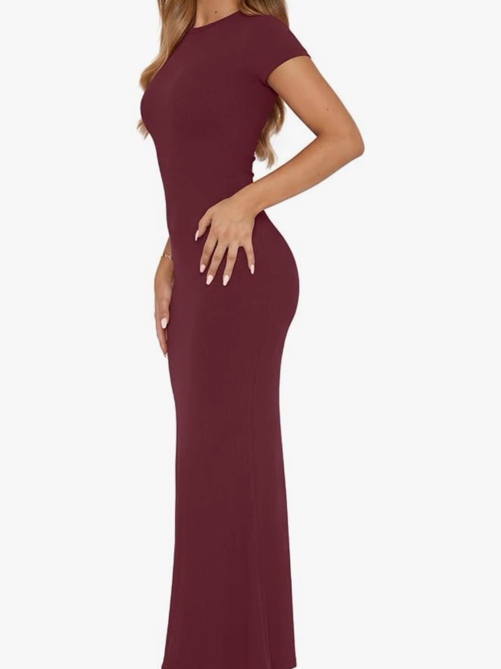 ReoRia Burgundy Ribbed Short-Sleeve Maxi Dress - Picture 2 of 3